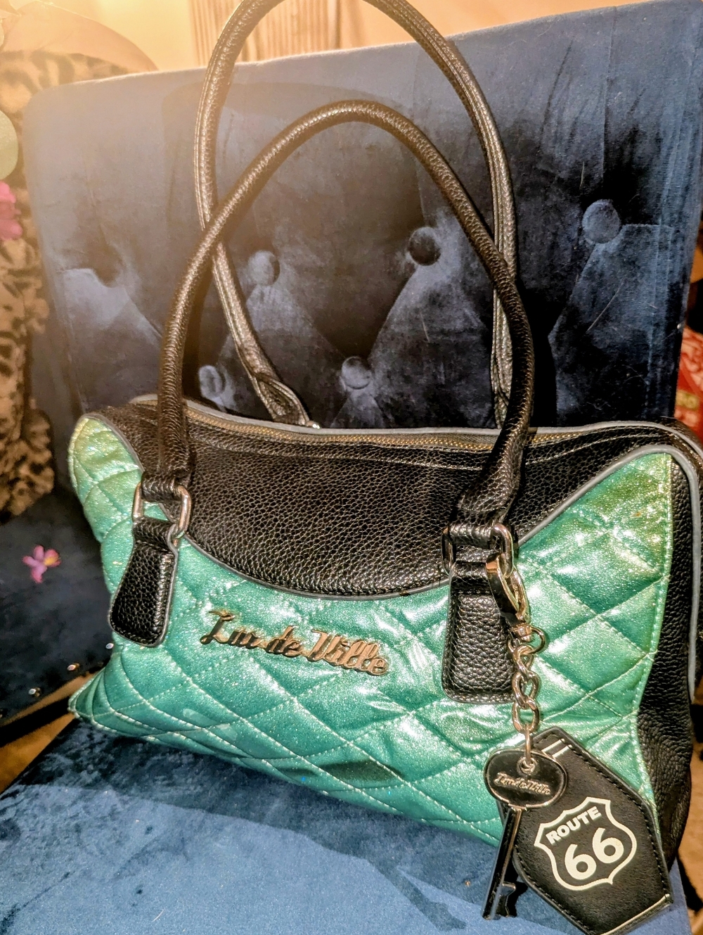 Lux de Ville Quilted Metallic Teal and Black Handbag